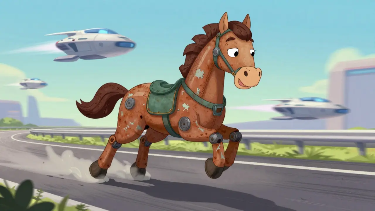 A rusty, outdated robotic horse stopped on a racetrack while sleek ships zoom past.