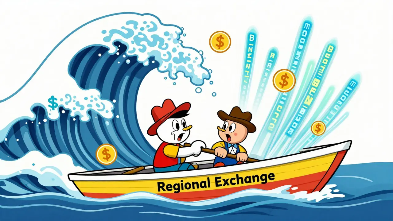 A small regional exchange boat being overwhelmed by a giant wave of global crypto data.