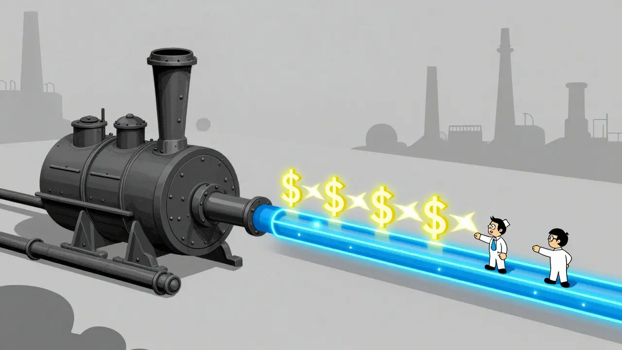 An old steam engine connected to a high-speed digital pipeline moving glowing currency.