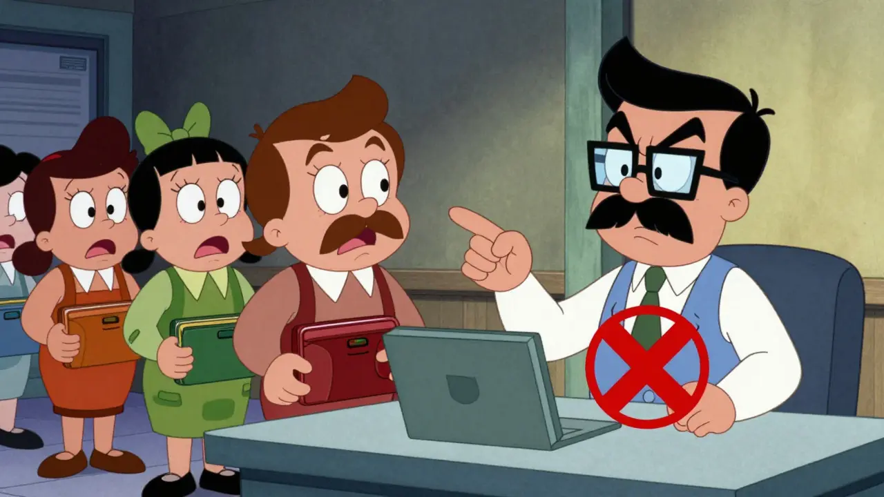 Cartoon bank teller rejecting a digital wallet transaction with a red X mark.