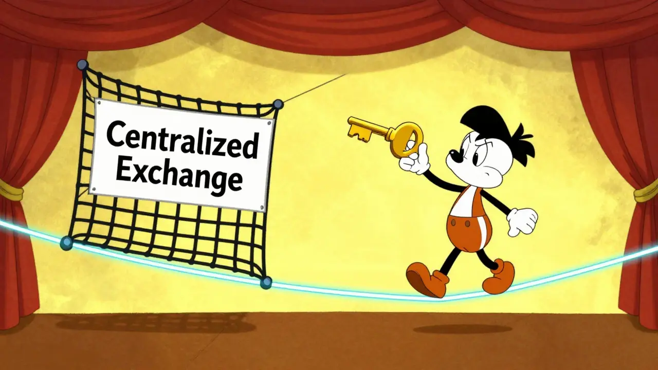 Cartoon character balancing on a digital tightrope while holding a giant golden key