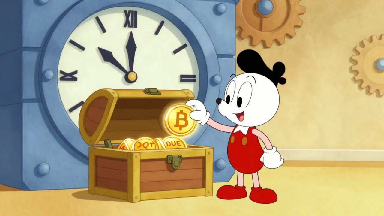 Cartoon character placing a glowing token into a treasure chest next to a vesting clock