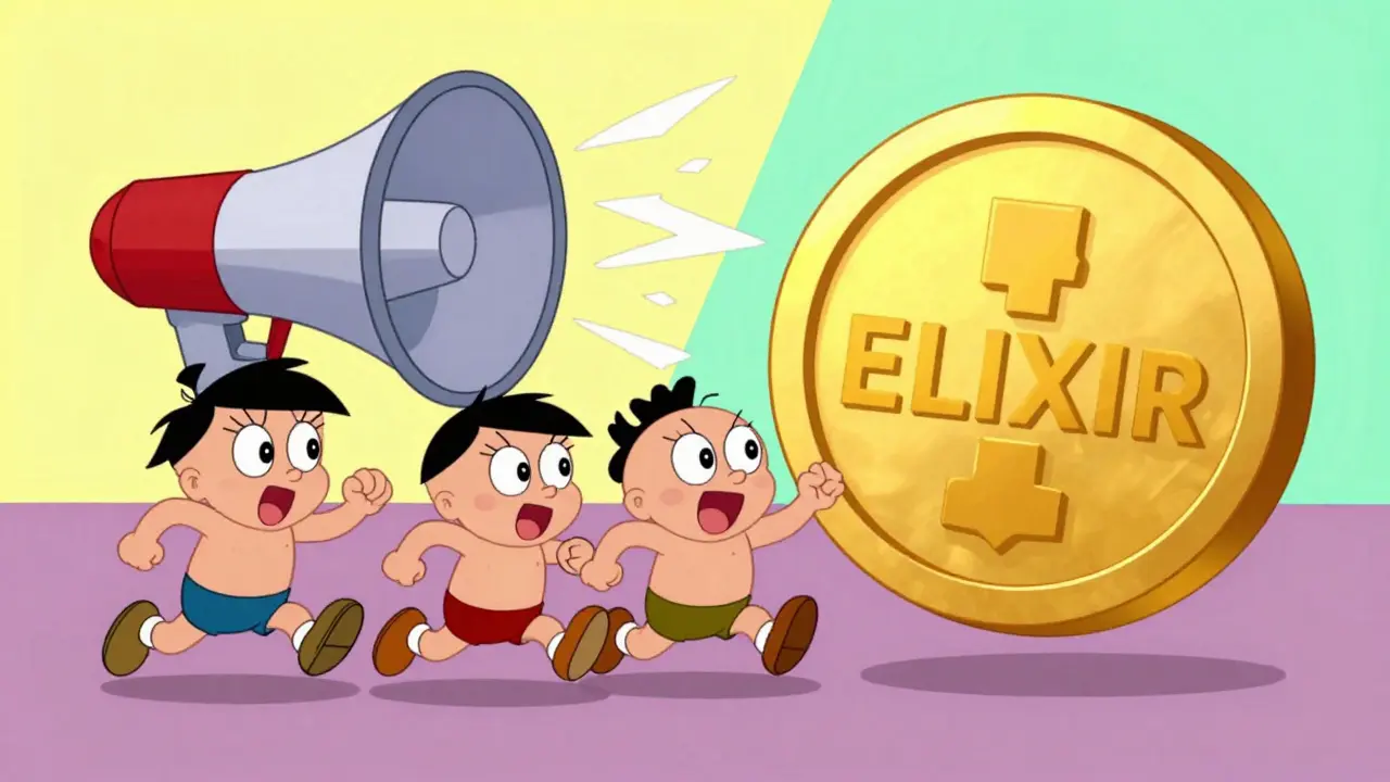 Cartoon characters racing toward a giant golden token with a large megaphone in the background.