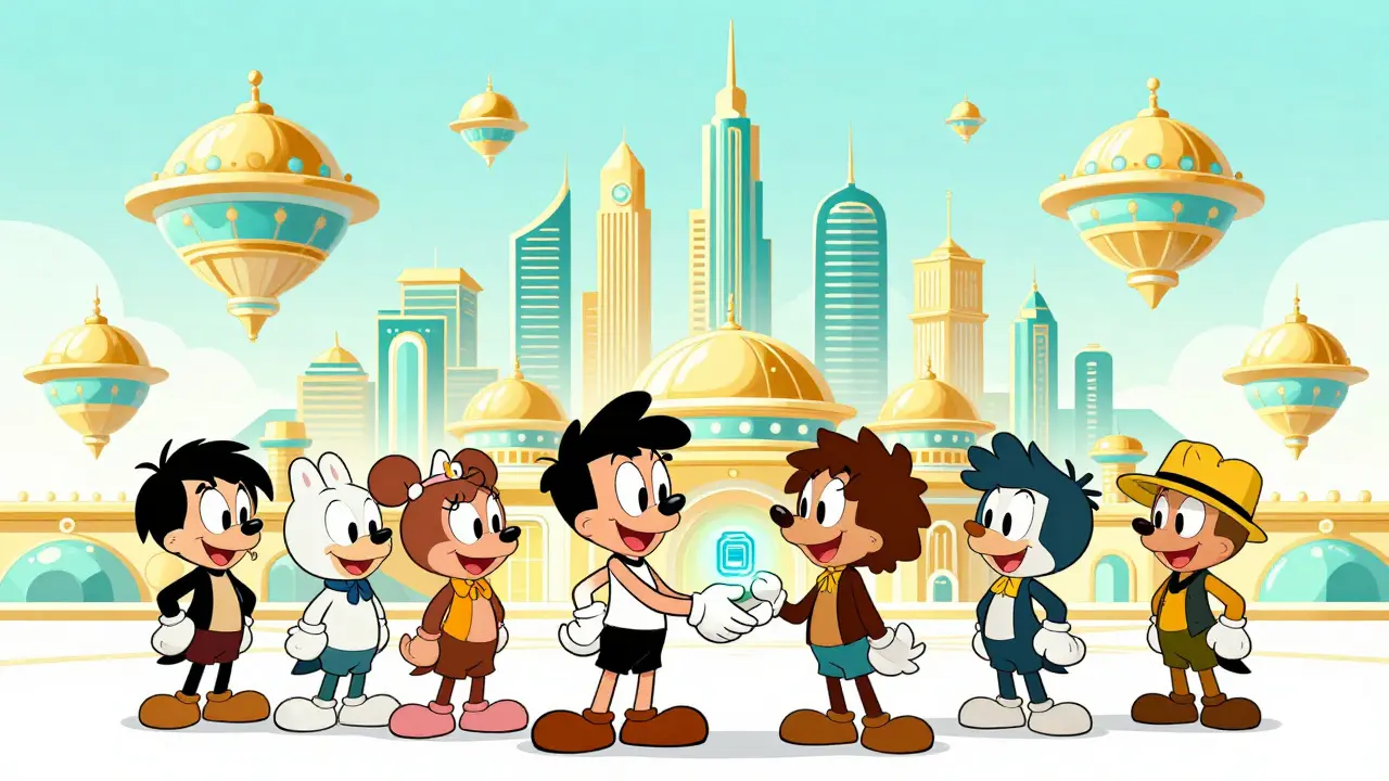 Cartoon characters swapping digital tokens in a futuristic, sunny city.