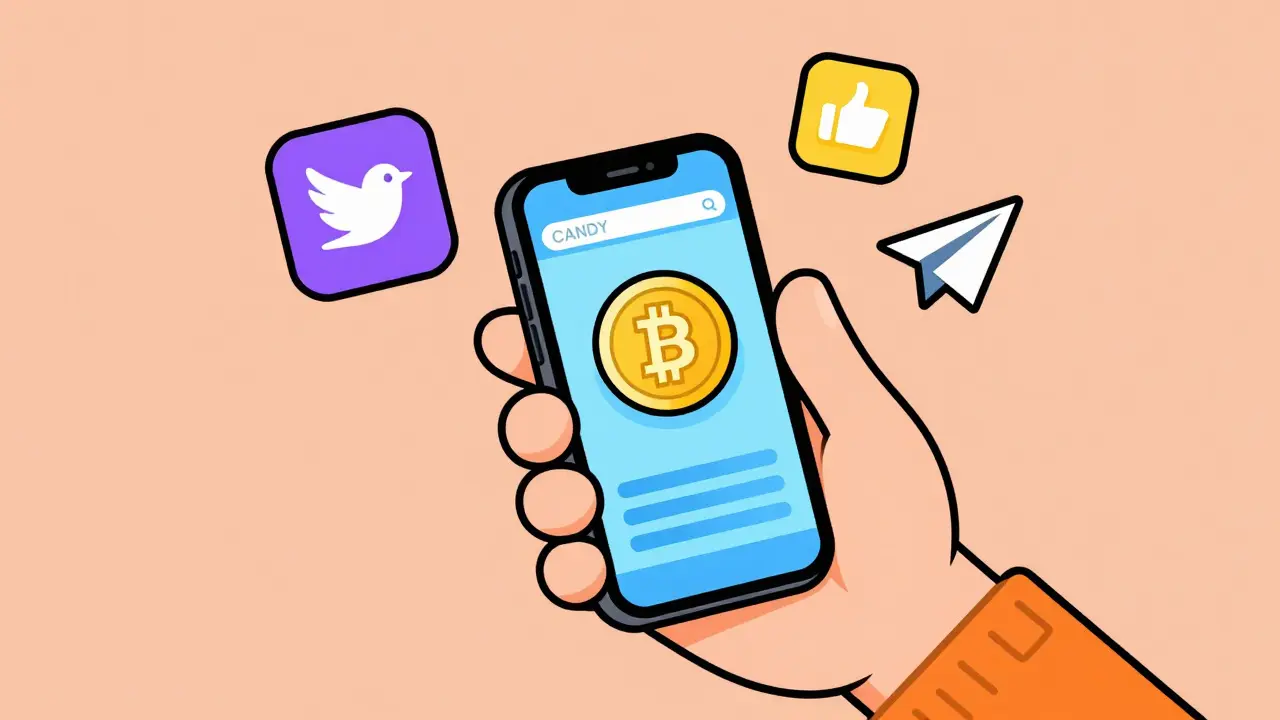 Cartoon hand holding a phone showing a crypto token and social media icons.