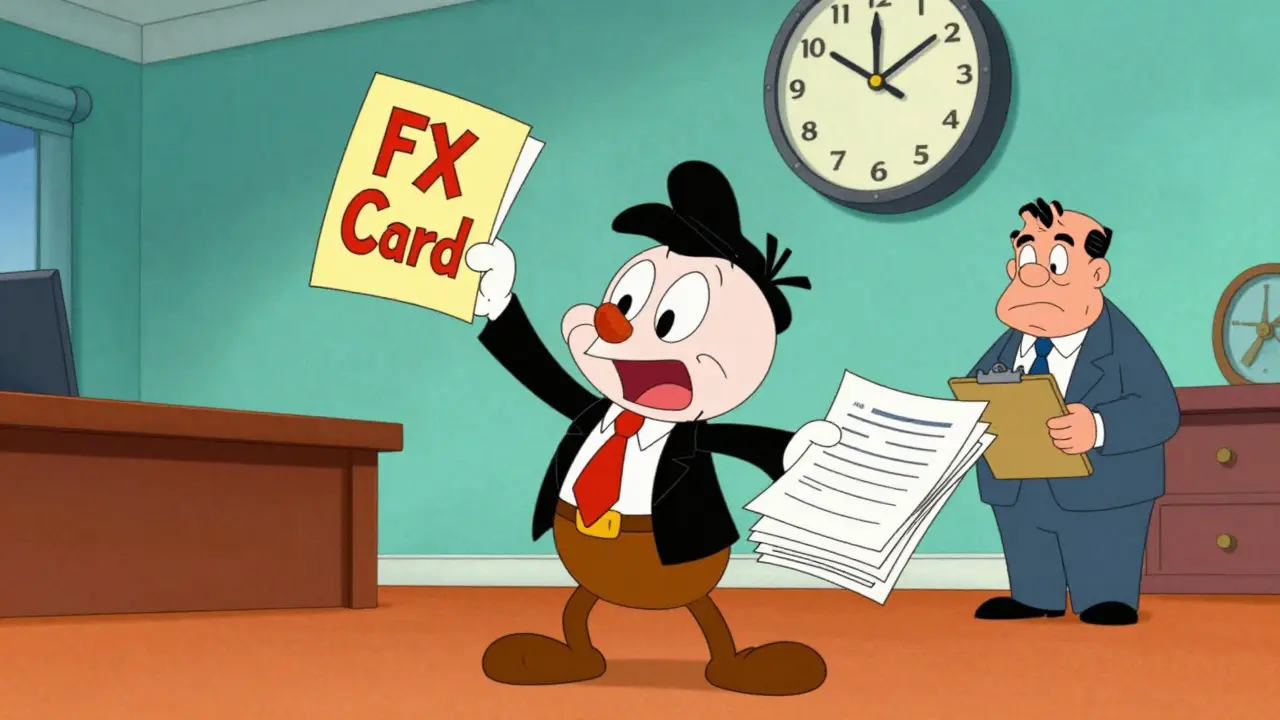 Cartoon of a business owner struggling with FX card and documents while being audited