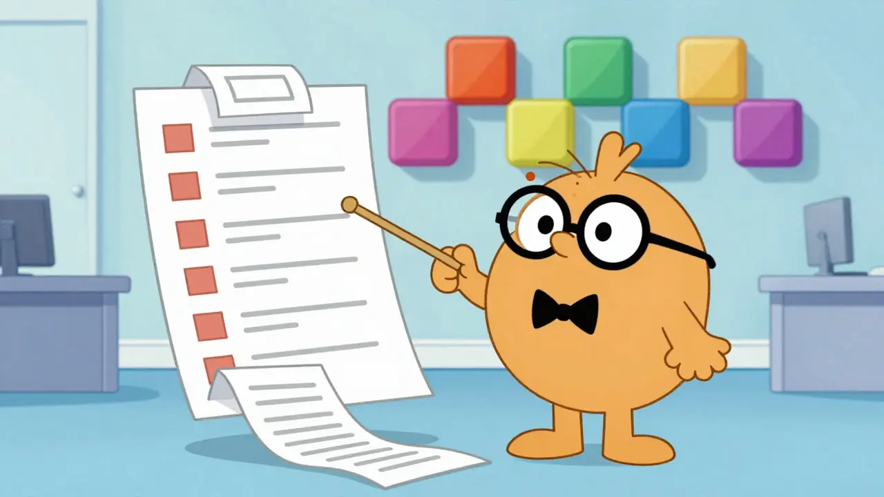 Cartoon of an accountant reviewing a digital paper trail for crypto tax compliance.