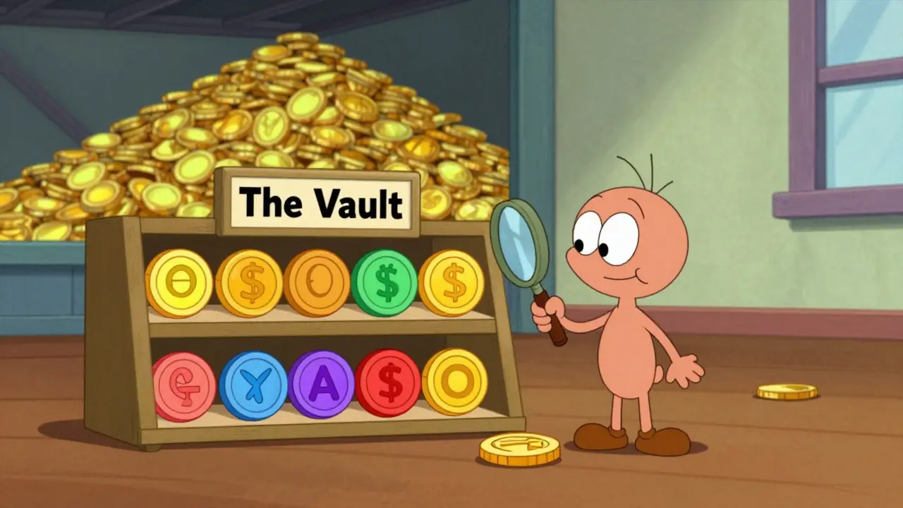 Cartoon showing a small selection of nine colorful crypto coins on a shelf