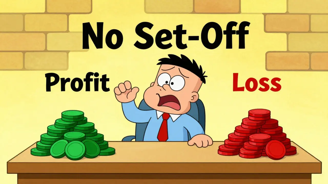 Cartoon showing a wall blocking the offsetting of crypto losses against profits.