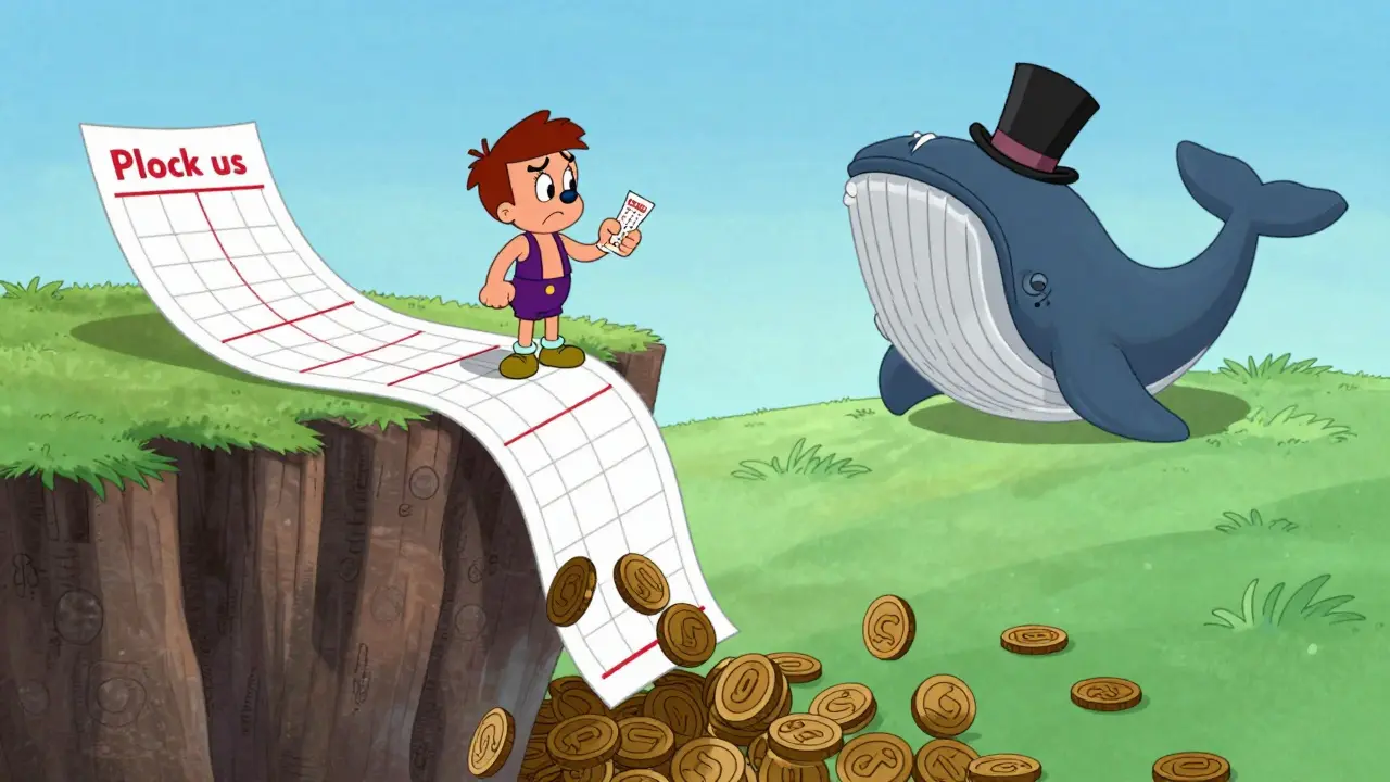 Character standing on a steep price chart cliff overlooking a valley of meme coins