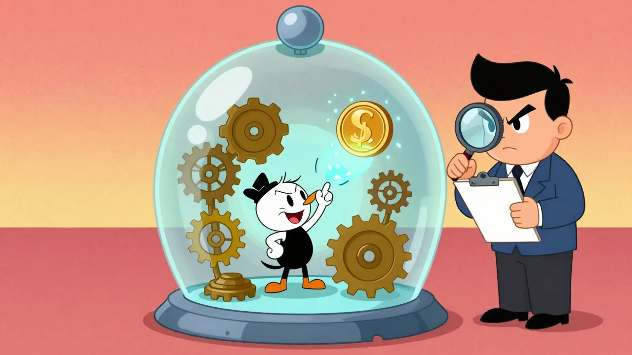 Character testing a digital coin inside a glass regulatory sandbox dome