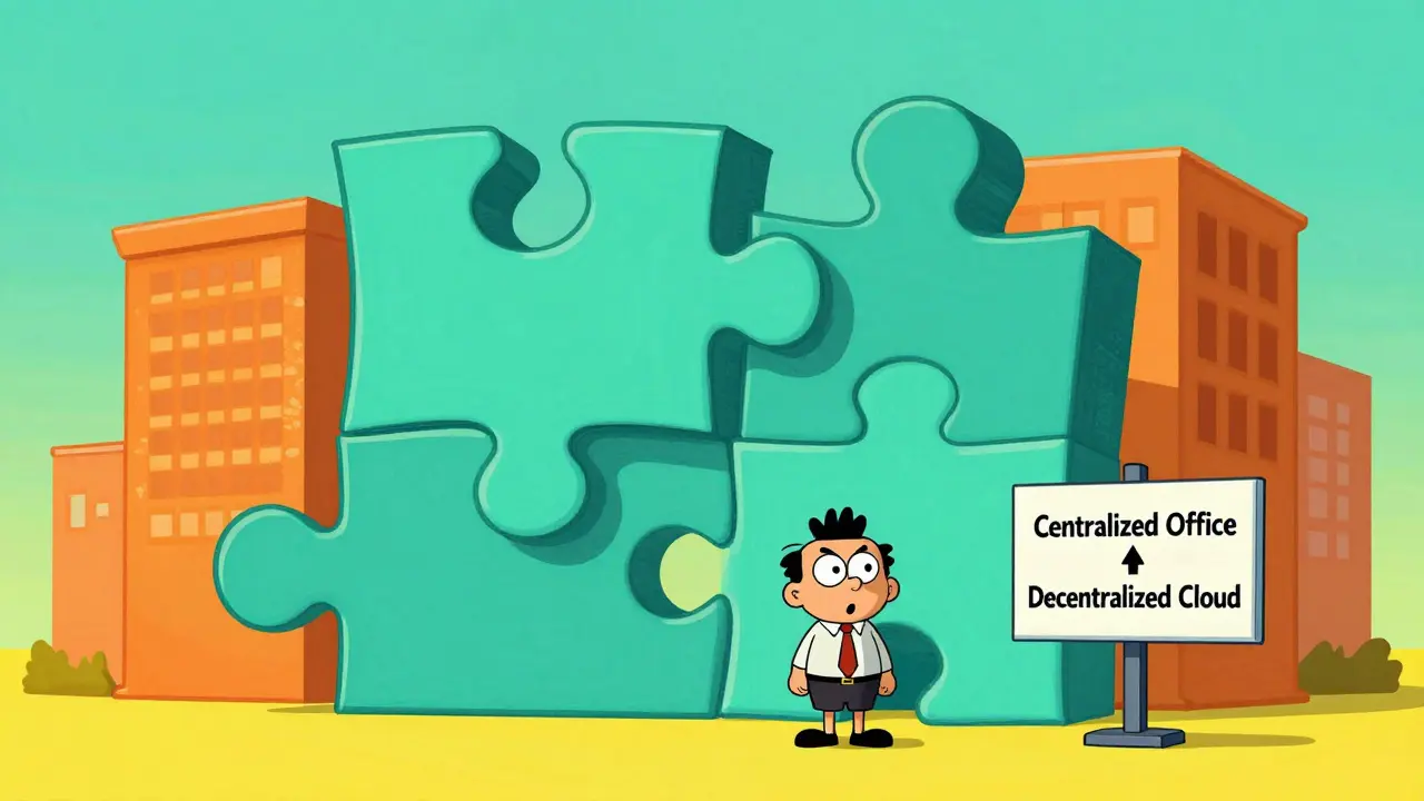 Confused investor in front of a contradictory puzzle-shaped office building.