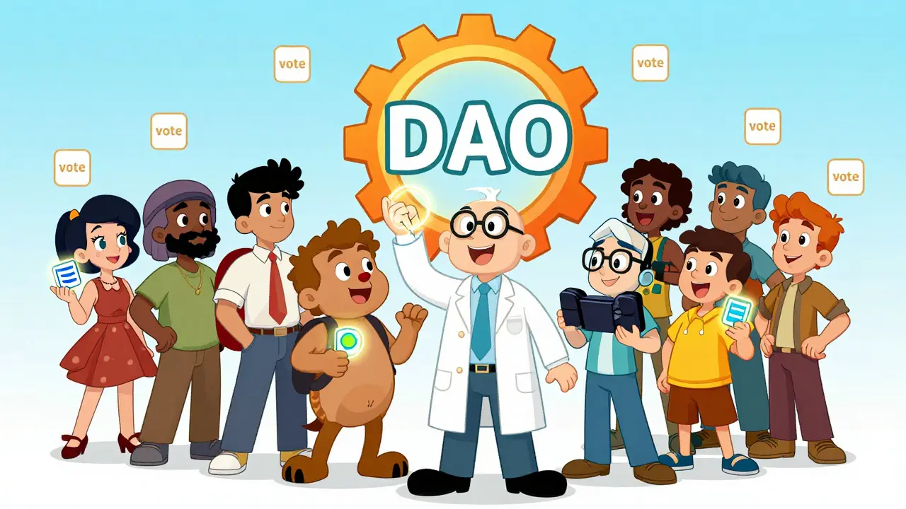 Diverse cartoon characters holding tokens and participating in a decentralized organization.