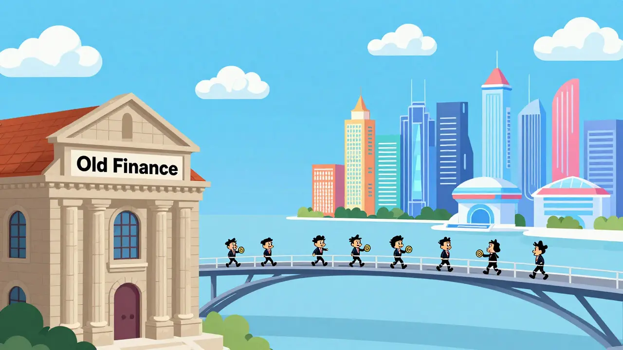 Illustration of a bridge connecting a traditional bank to a futuristic digital city