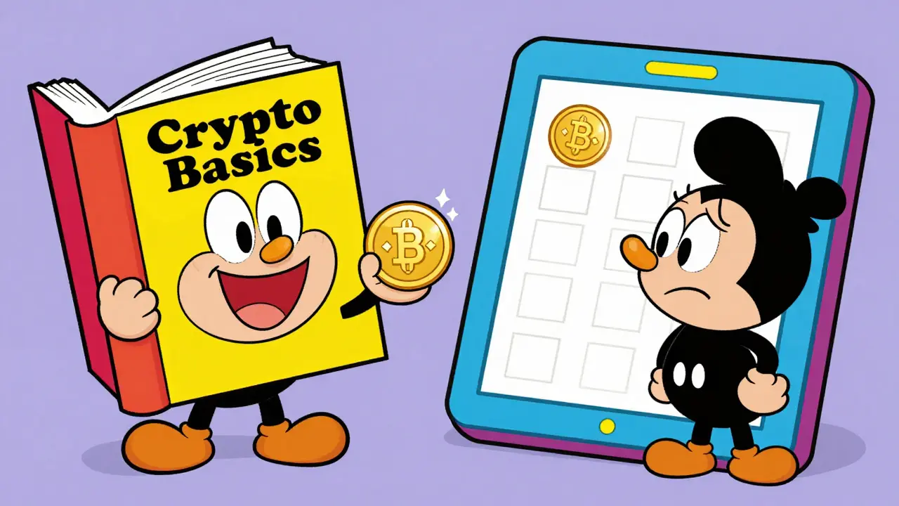 Illustration of a character learning about crypto and looking at a limited coin list.