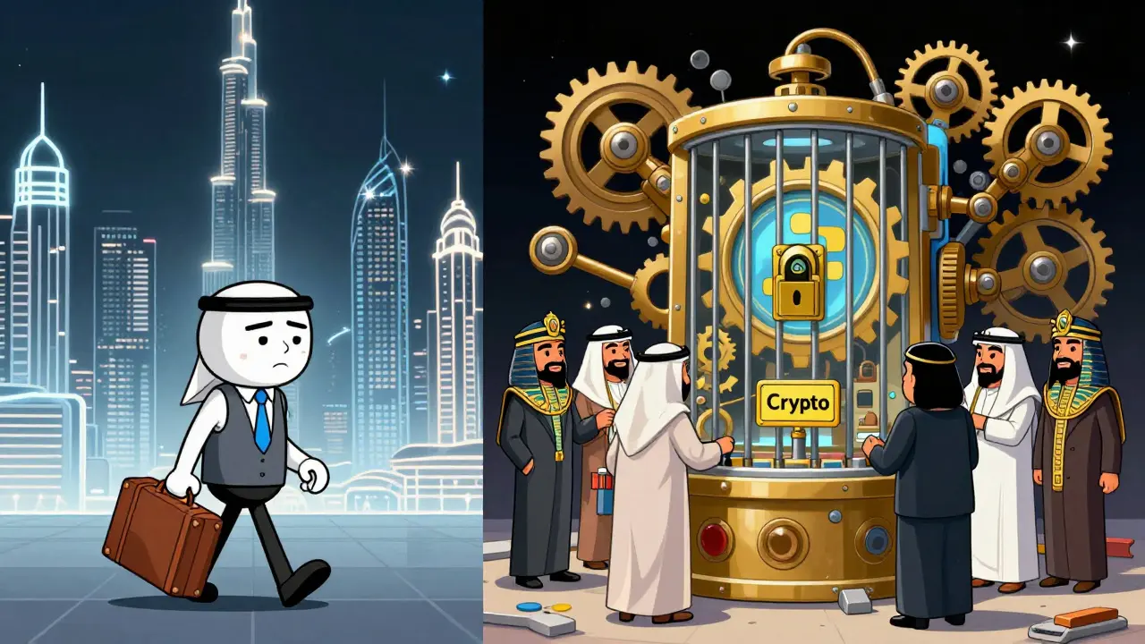 Illustration of a developer leaving for Dubai while officials use a blockchain machine.