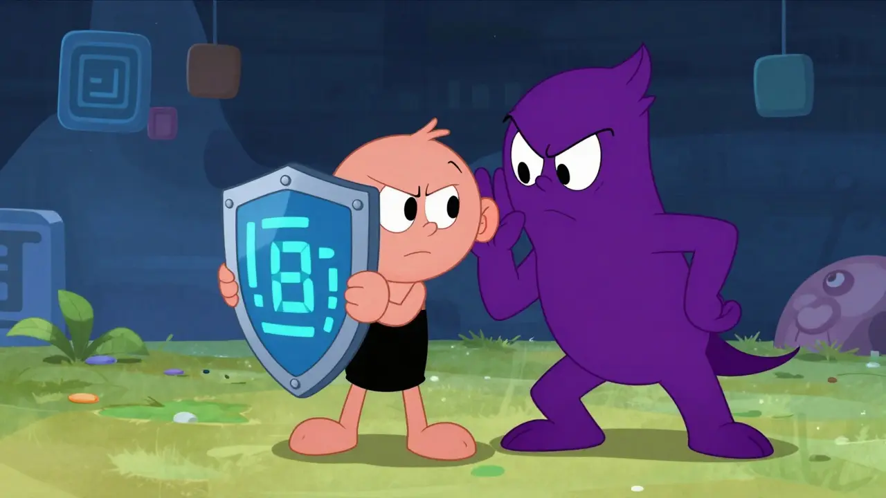 Nervous cartoon character using a shield to block a sneaky purple scam creature