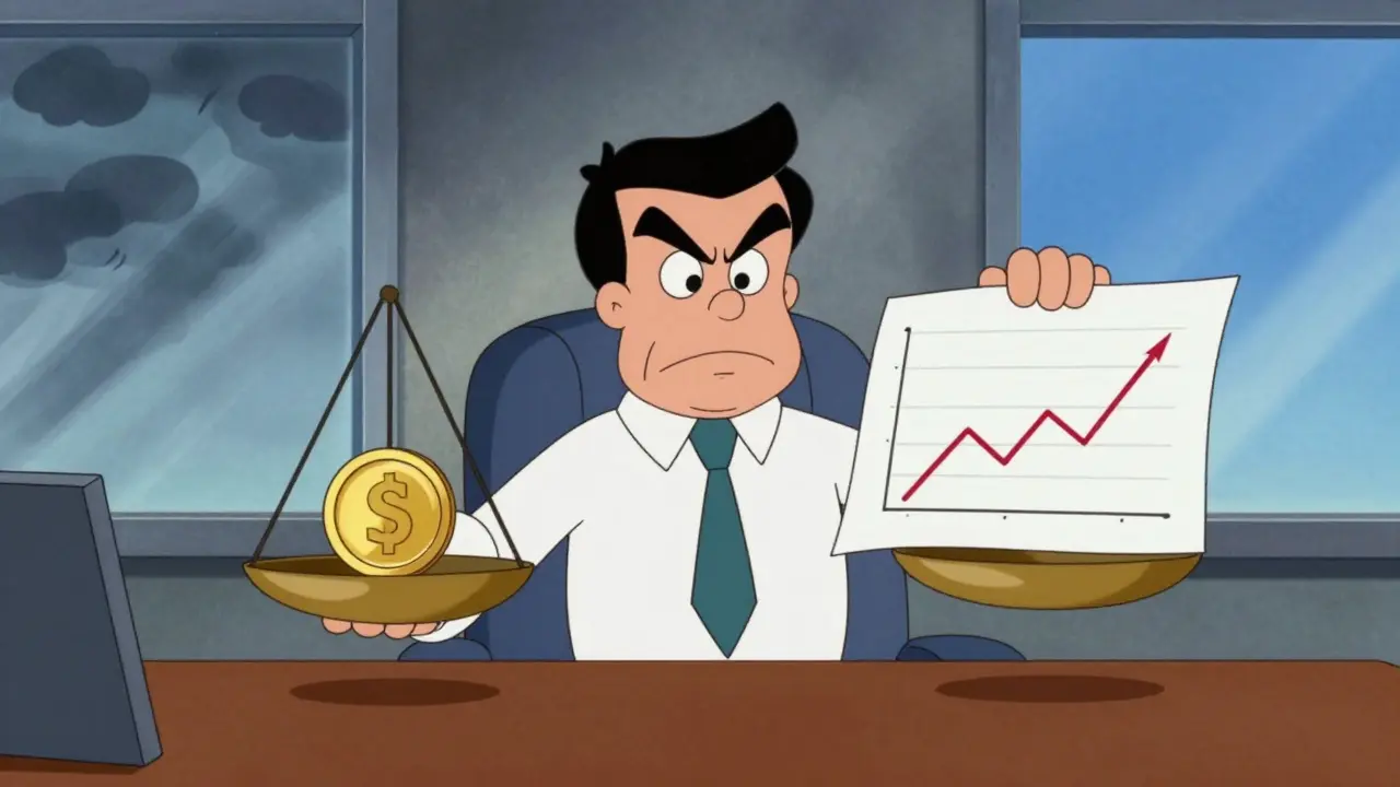 Official character balancing scales with a coin and a graph in an office.
