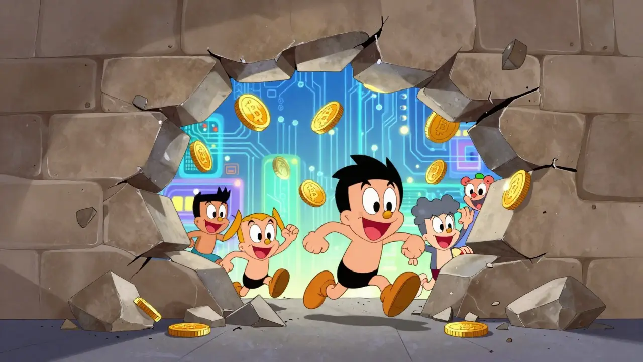 People rushing through a crumbling wall into a digital world of coins