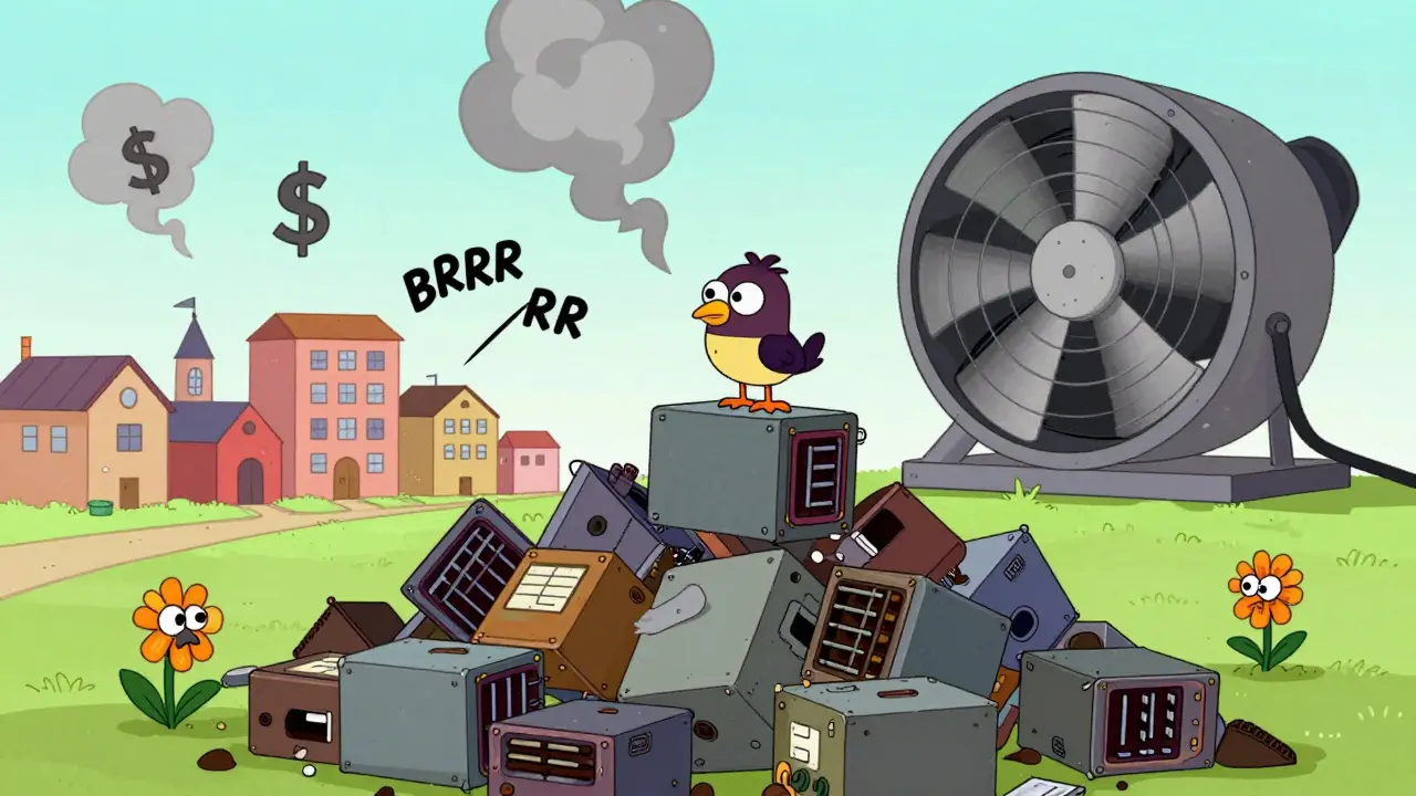 Pile of electronic waste and a giant humming fan in a stylized cartoon town.
