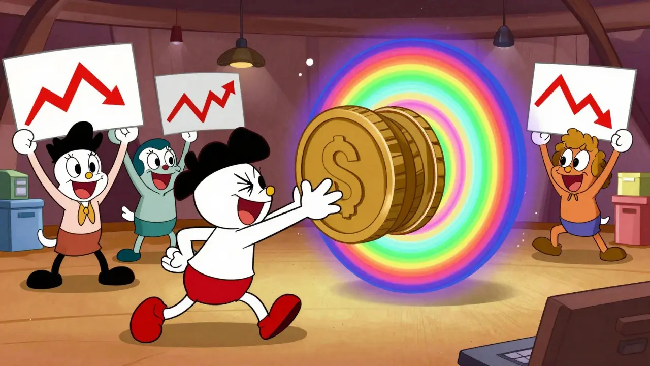 Quirky characters trading a brown coin in a swirling colorful digital marketplace