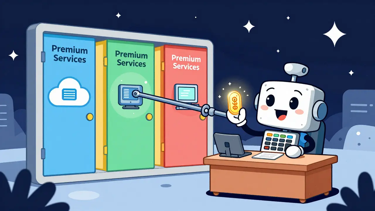 Robot character using a digital token to unlock services via a smart contract lever.