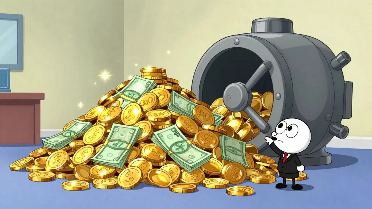 Small business character standing next to a massive mountain of gold coins and money