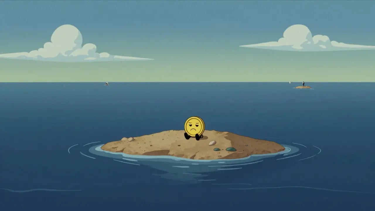 Small, sad digital coin character sitting alone on a deserted data island