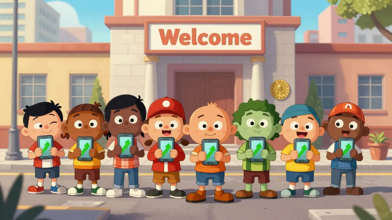 Smiling citizens using digital devices in a sunny Bolivian city street