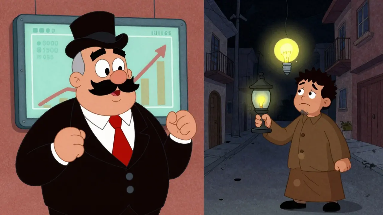 Split-screen cartoon showing a wealthy official with crypto and a citizen in a power blackout.