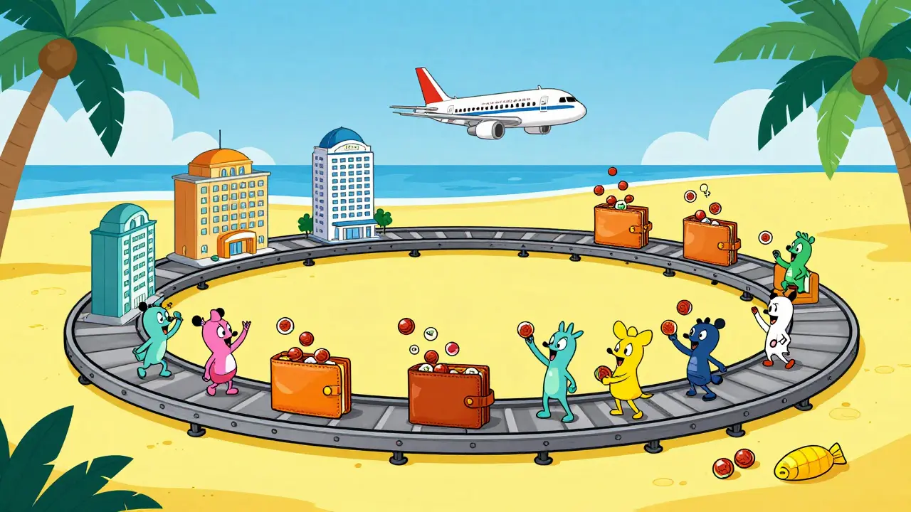 Stylized animation of hotels and planes turning into candy tokens on a conveyor belt.