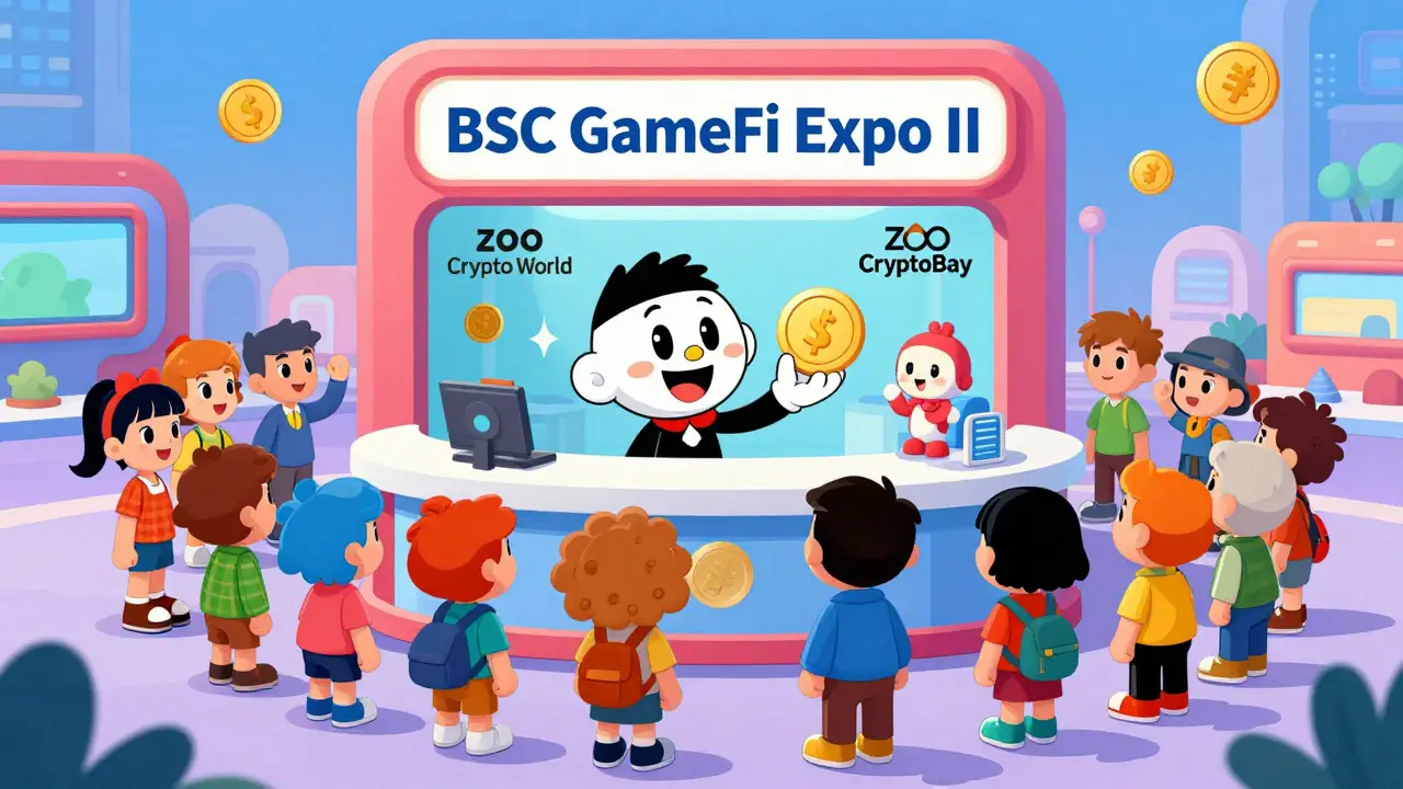 Stylized characters gathering at a colorful GameFi Expo token kiosk