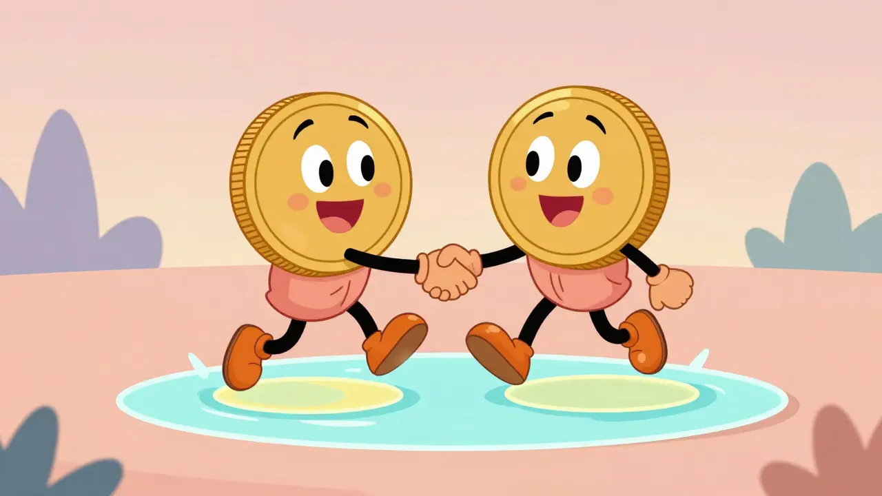 Two anthropomorphic coin characters shaking hands in a glowing liquid pool.