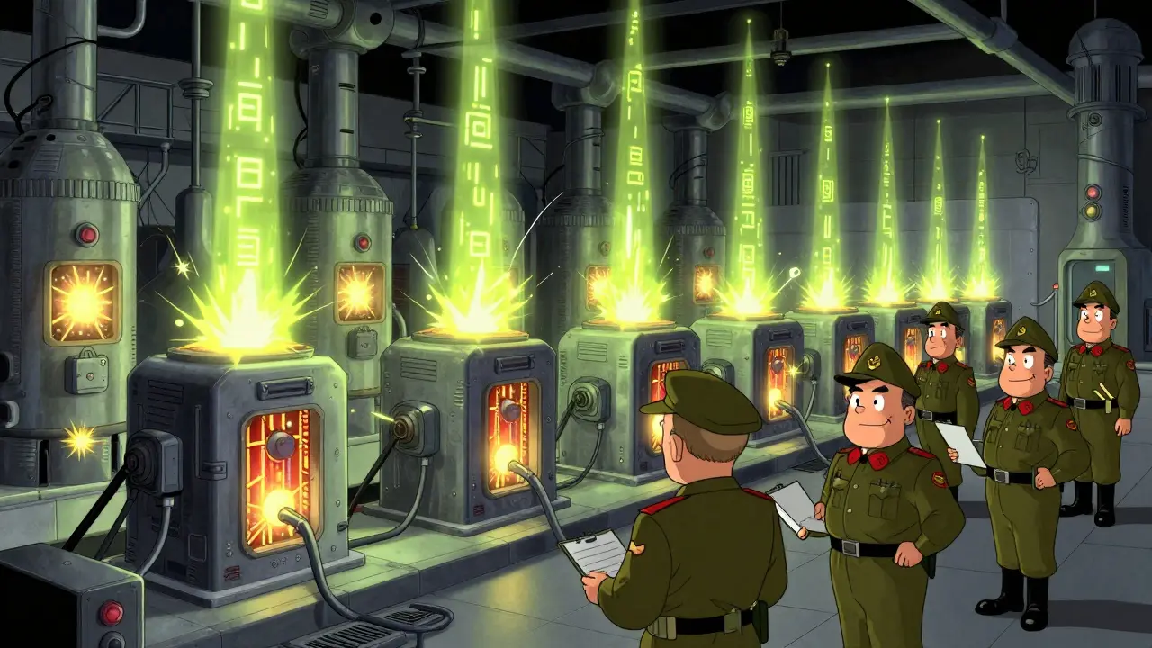 Vintage style illustration of military officers overseeing a room full of crypto mining hardware.