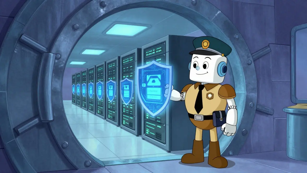 Vintage style robot guarding a high-tech digital server vault with blue shields