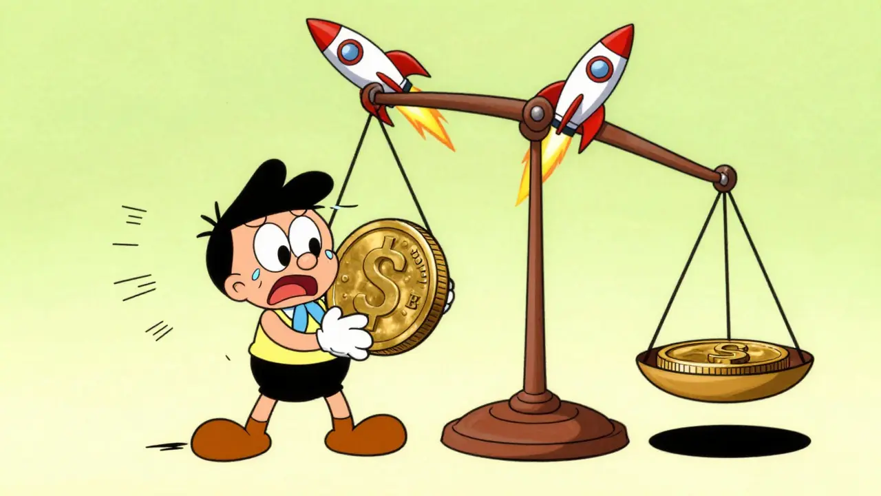 Worried character next to a tilted scale with a rocket ship token.