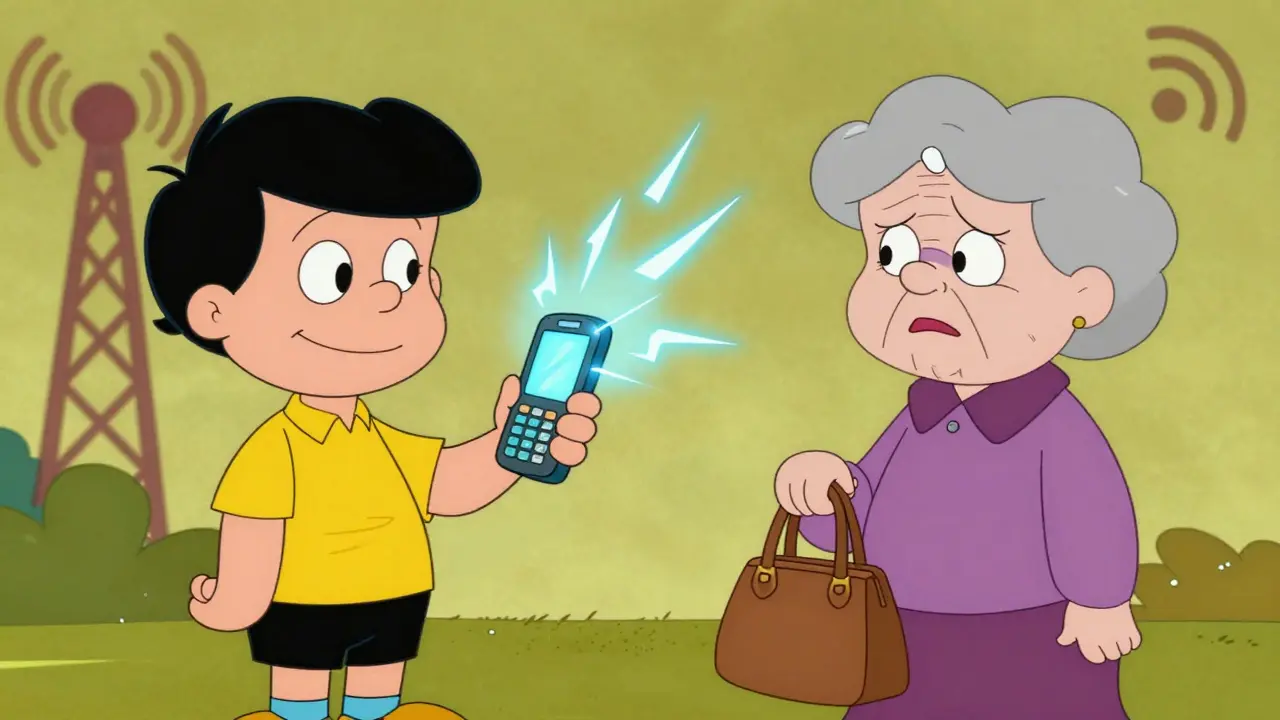Young man with phone and older woman looking puzzled over technology.