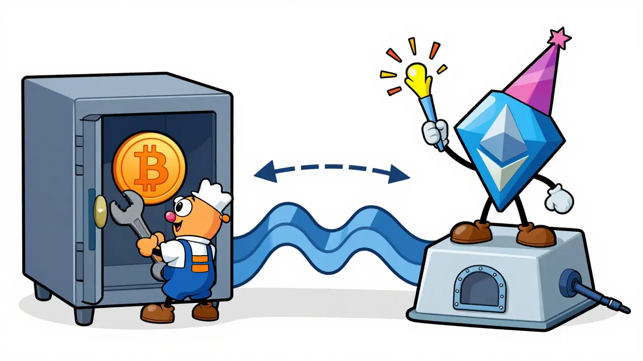 Animated Bitcoin being locked while Ethereum token celebrates
