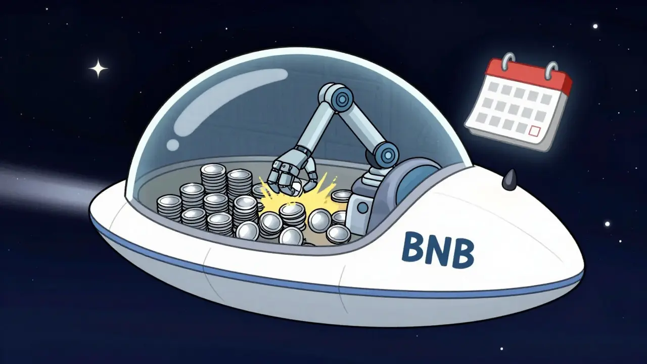 Animated BNB spaceship crushing tokens to illustrate predictable quarterly burn schedule.