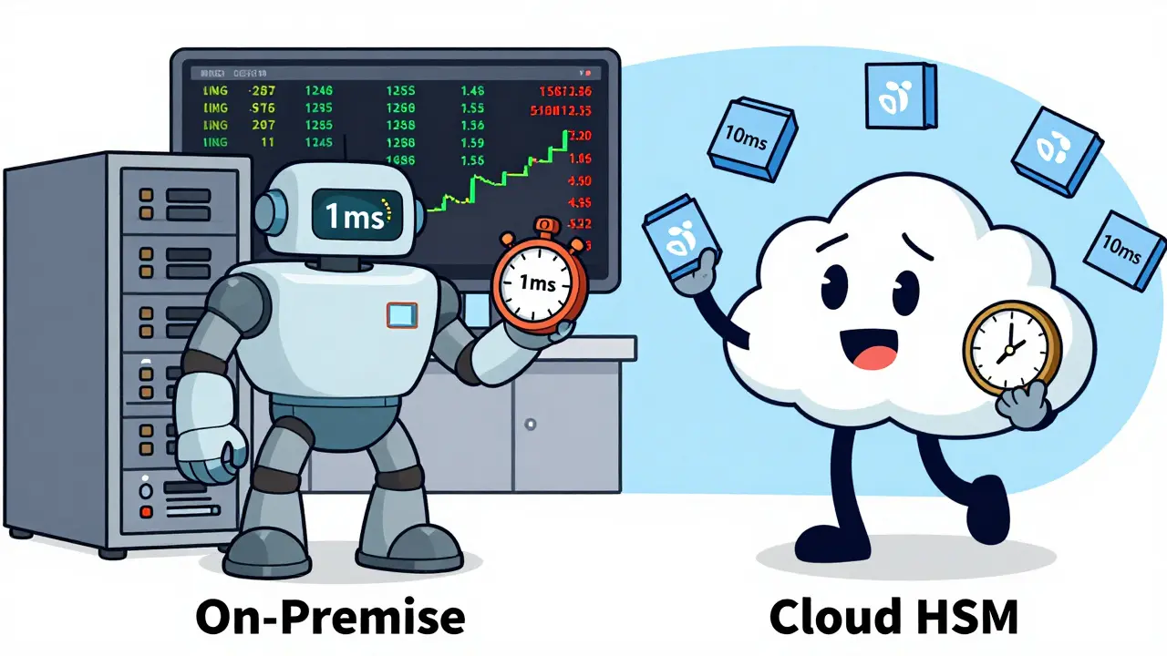 Animated comparison of fast on-premise servers vs scalable cloud HSMs.