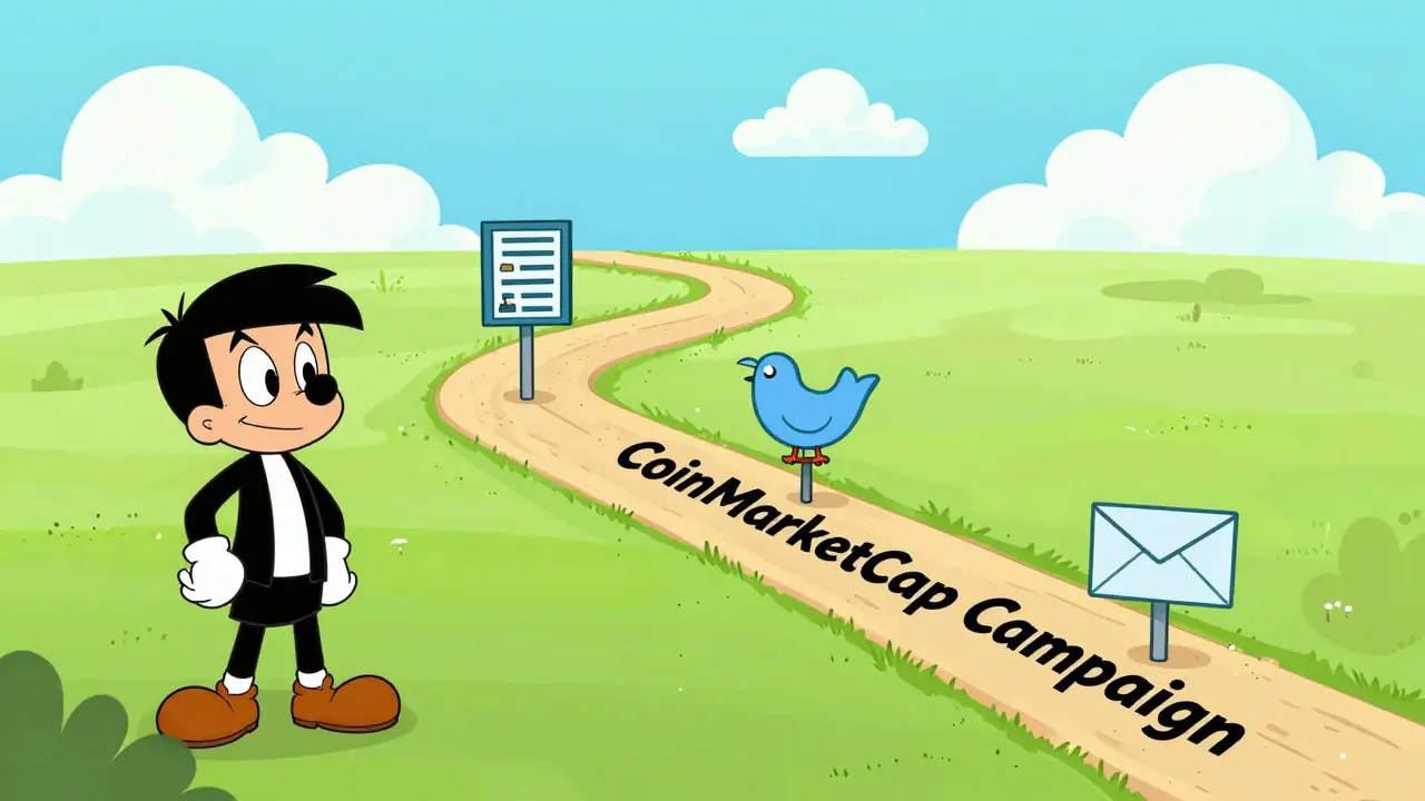 Animated map showing steps to join a crypto campaign with social media icons.