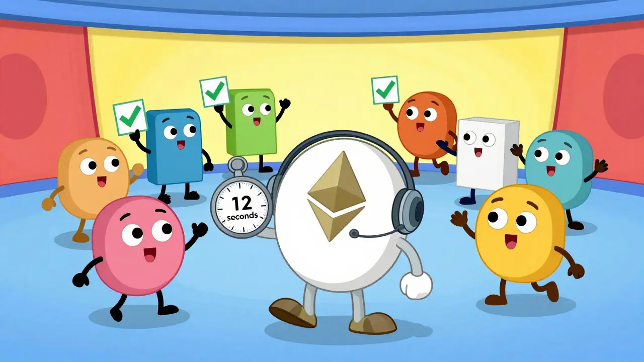 Animated robot validator checking a stopwatch with committee members