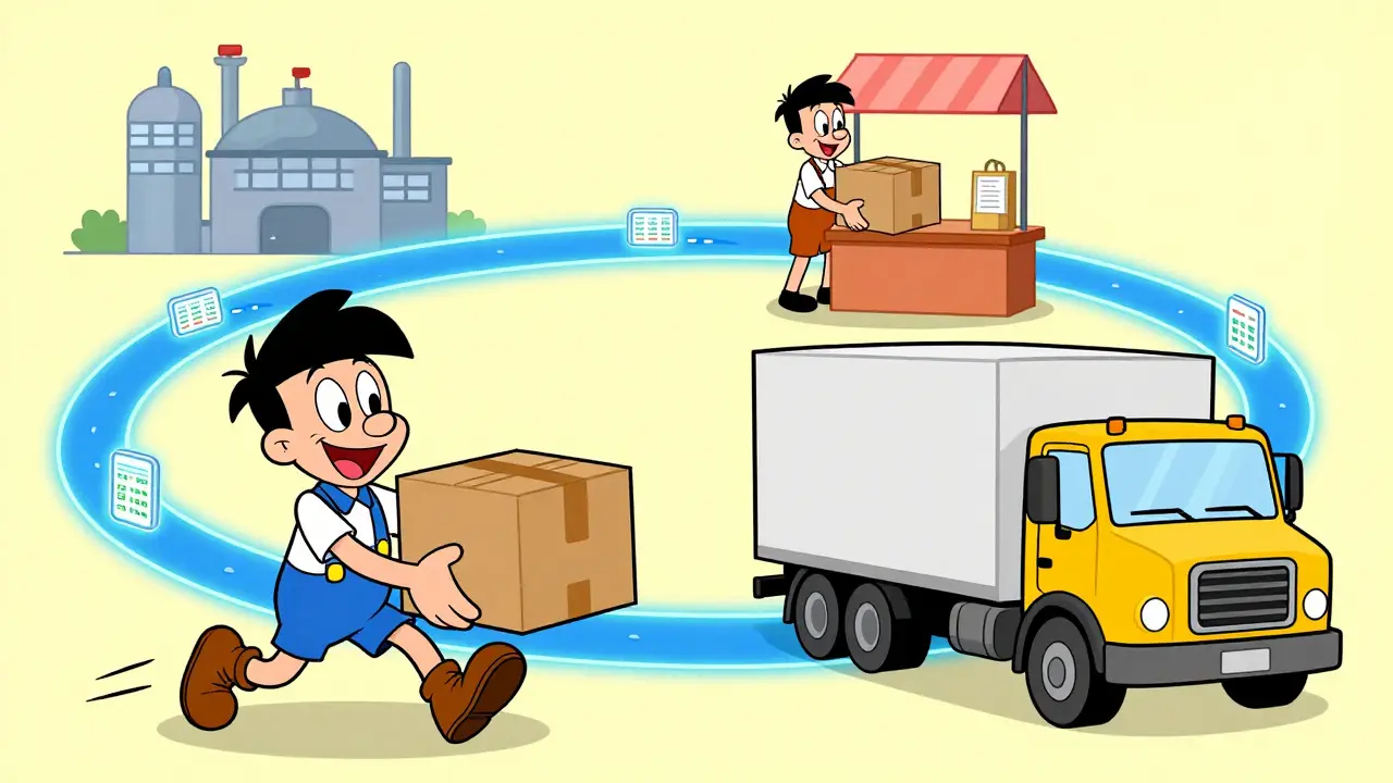 Animated workers pass boxes connected by a glowing ribbon representing supply chain tracking.