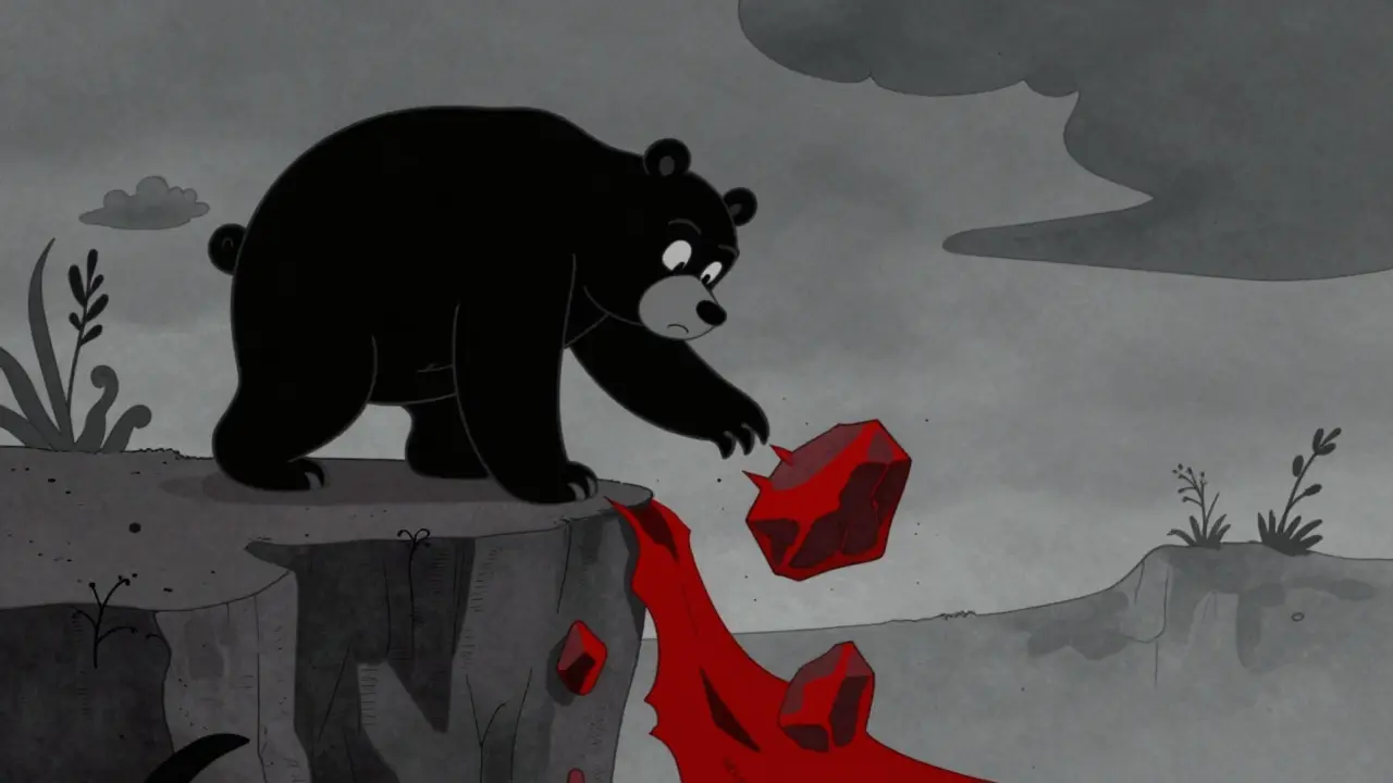 Cartoon bear swiping down a cliffside with falling rocks, symbolizing a bear market crash.
