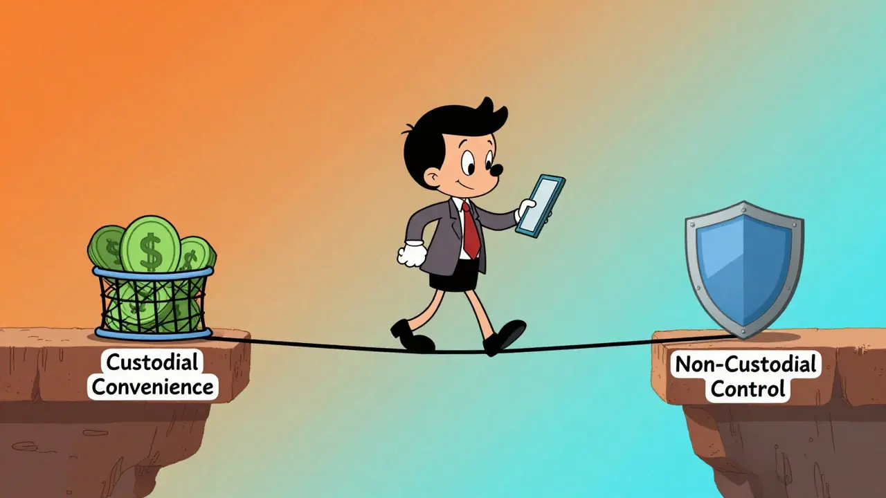 Cartoon businessman balancing hybrid crypto payment models on tightrope