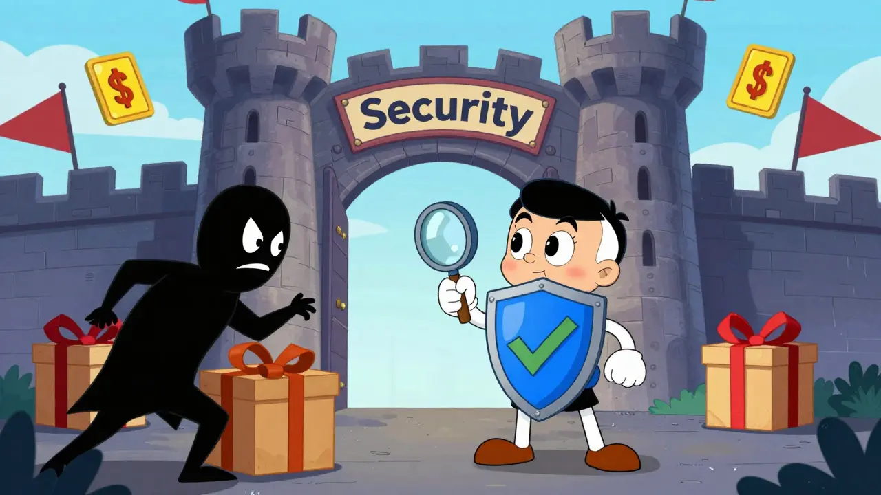 Cartoon character using a shield and magnifying glass to spot security threats