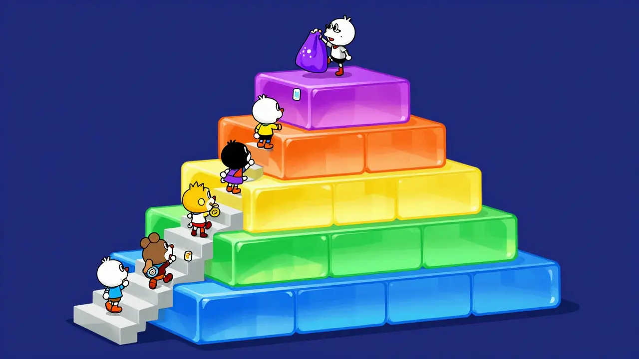 Cartoon characters climbing a colorful tiered pyramid representing investment levels