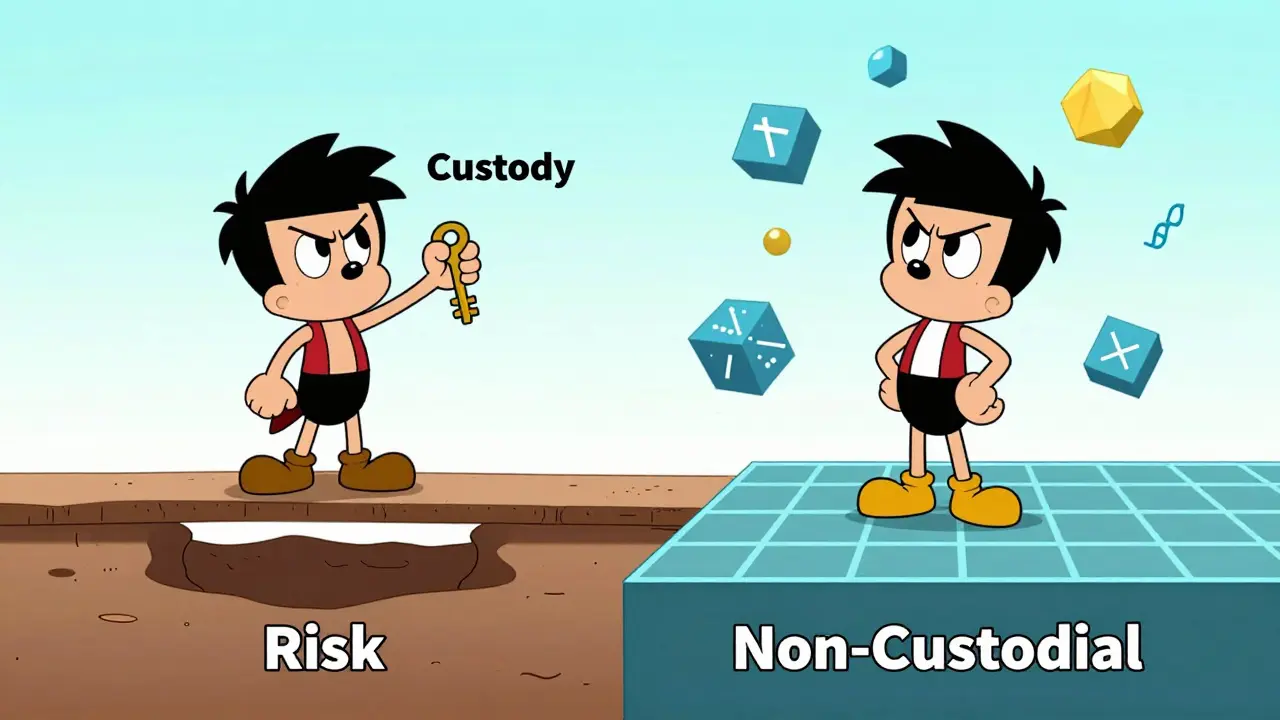 Cartoon characters comparing custodial and non-custodial bridge safety