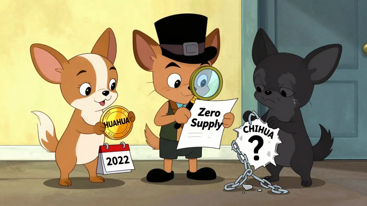 Cartoon comparing old HUAHUA token with new empty CHIHUA token.