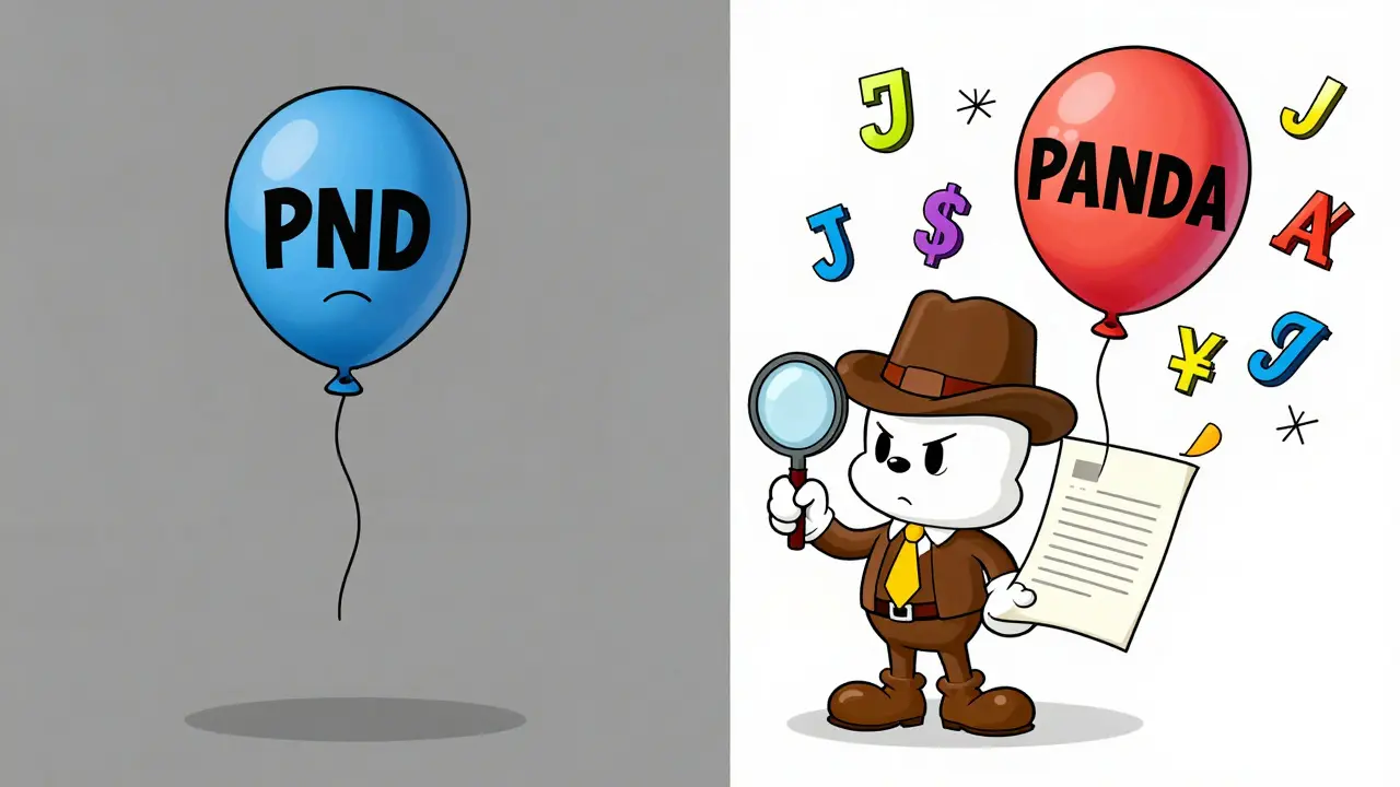 Cartoon detective comparing worthless PND token with active PANDA token